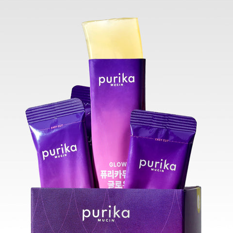 Purika Mucin Glow Jelly in purple sachets and box, Kiwi Flavor, 200g Inner Beauty Supplement.