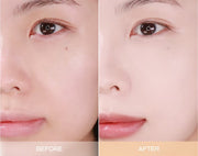 Before and after using IPKN Personal Tone Cover Cushion, demonstrating blemish coverage and glowing finish.