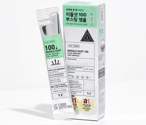 VT Reedle Shot Facial Boosting First Ampoule 100, 2ml x 6EA with plant-based micro-needles for skin texture improvement and absorption.