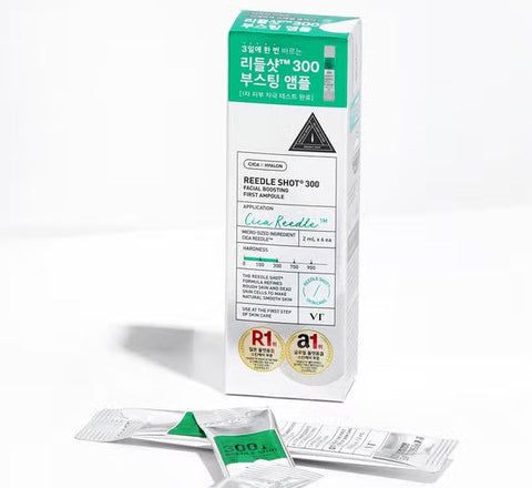 VT Reedle Shot Facial Boosting First Ampoule, 2ml x 6EA packaging, featuring soothing and revitalizing benefits for smoother, clearer complexion.
