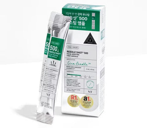 VT Reedle Shot Facial Boosting First Ampoule 500, 2ml x 8EA, promoting skin texture improvement and active ingredient absorption.